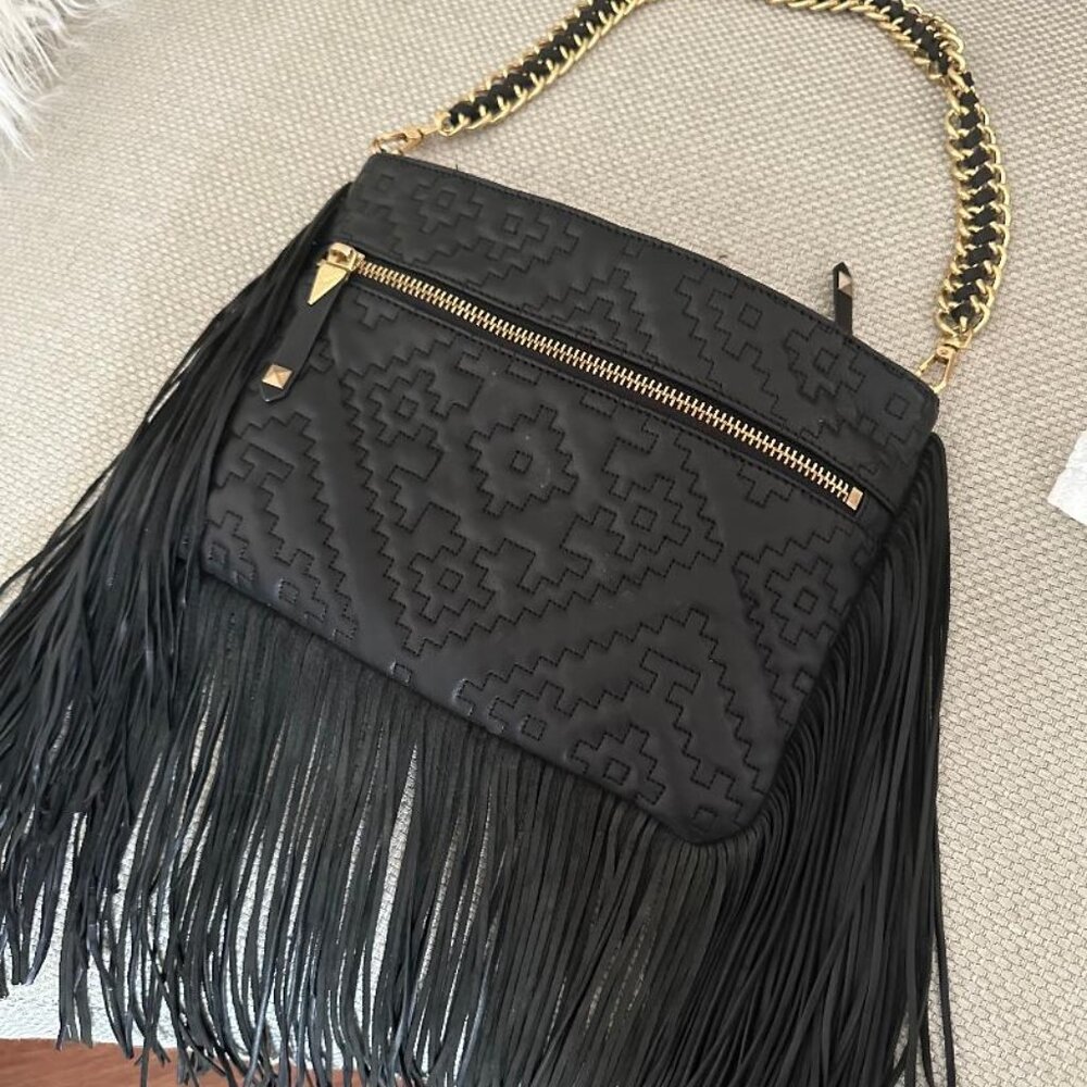 Brian Atwood Black Leather Fringe clutch bag.